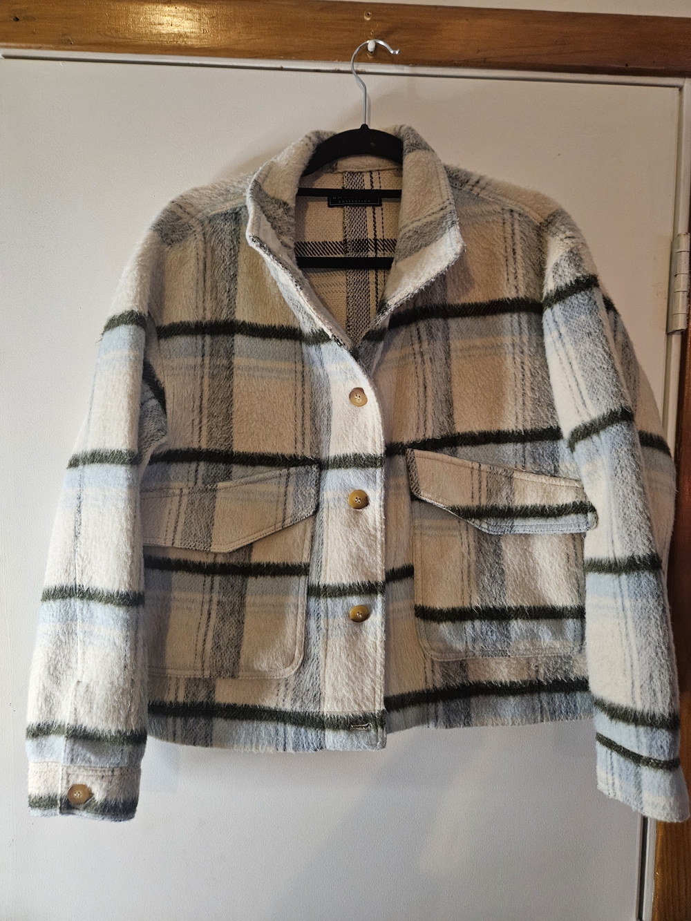 Cream Plaid Teddy Jacket Medium